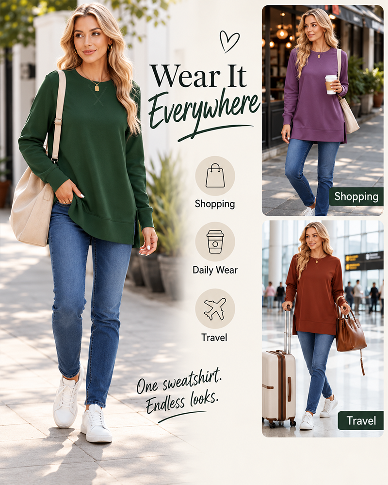 Long Sleeve Crewneck Soft Stretchy Side Split Loose Fit Fall Sweatshirt
