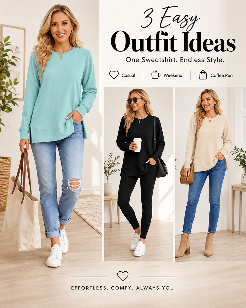 Long Sleeve Crewneck Soft Stretchy Side Split Loose Fit Fall Sweatshirt