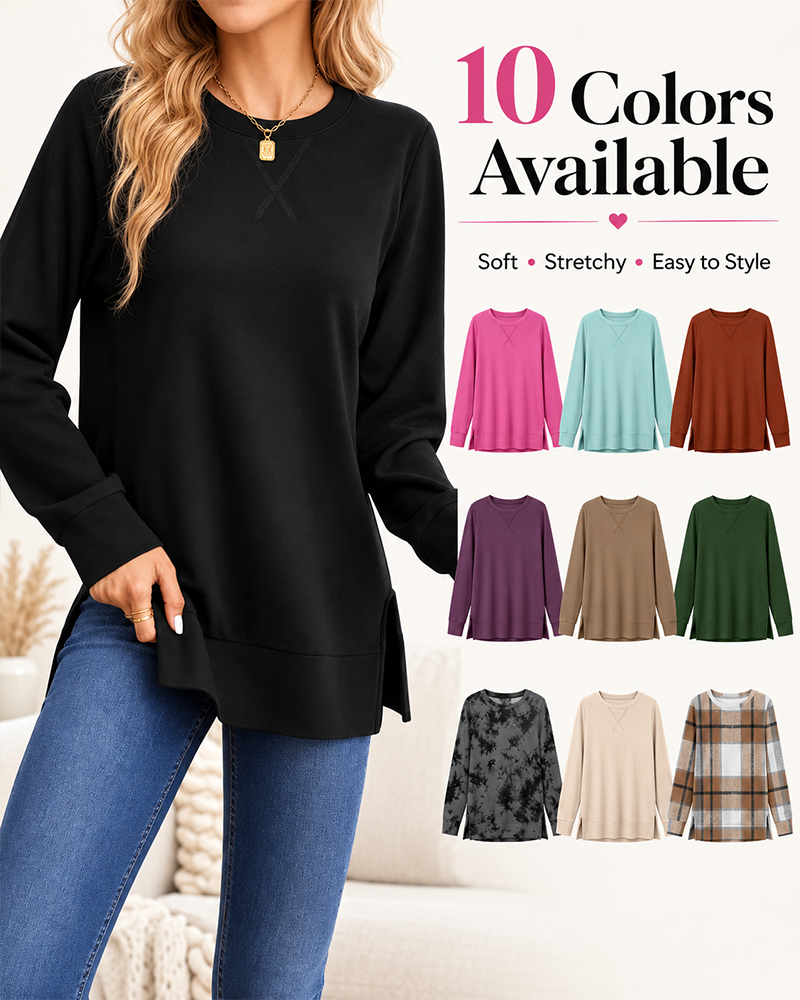 Long Sleeve Crewneck Soft Stretchy Side Split Loose Fit Fall Sweatshirt