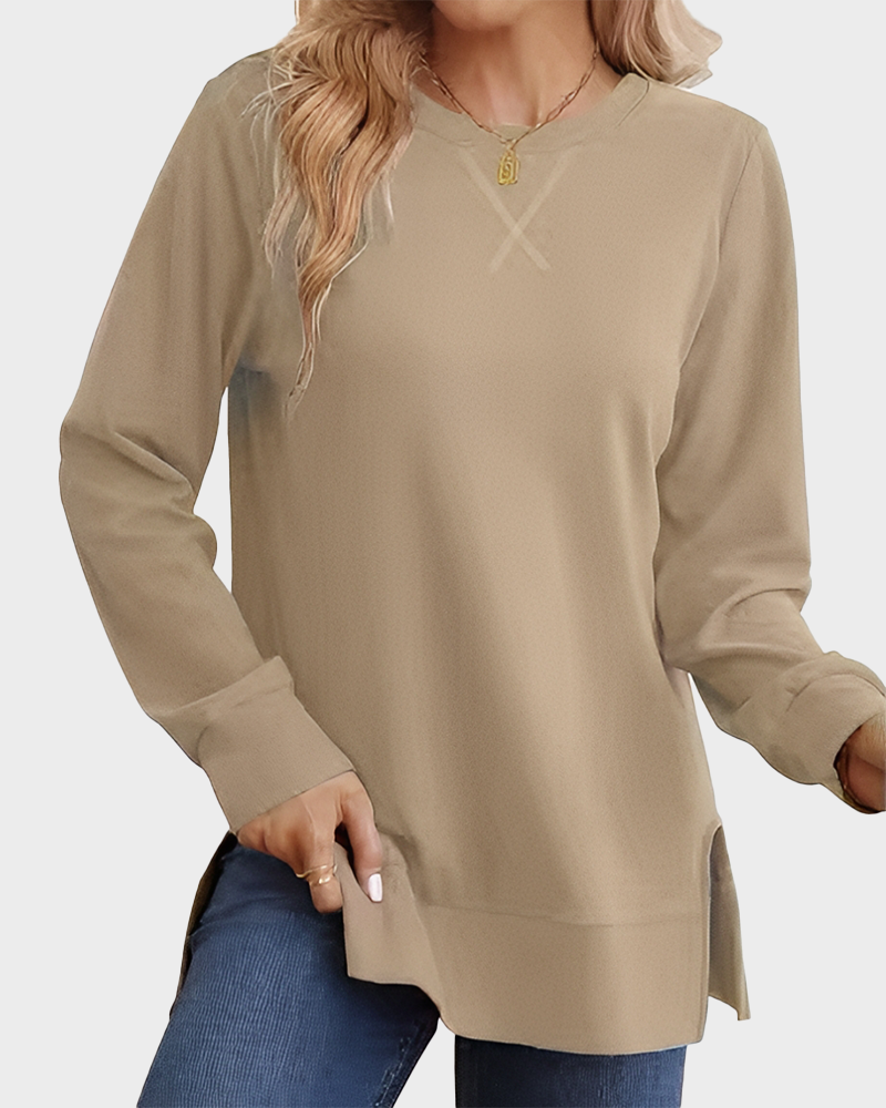 Long Sleeve Crewneck Soft Stretchy Side Split Loose Fit Fall Sweatshirt