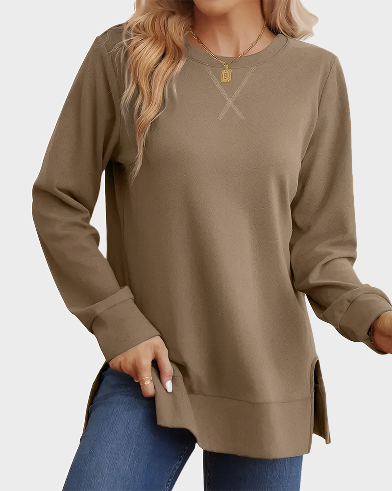 Long Sleeve Crewneck Soft Stretchy Side Split Loose Fit Fall Sweatshirt
