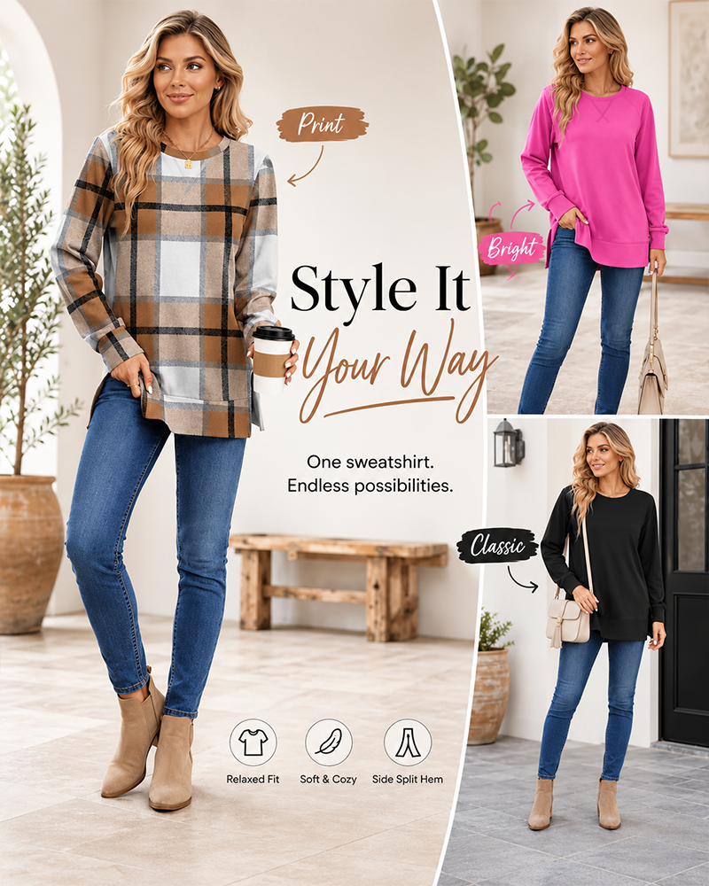 Long Sleeve Crewneck Soft Stretchy Side Split Loose Fit Fall Sweatshirt
