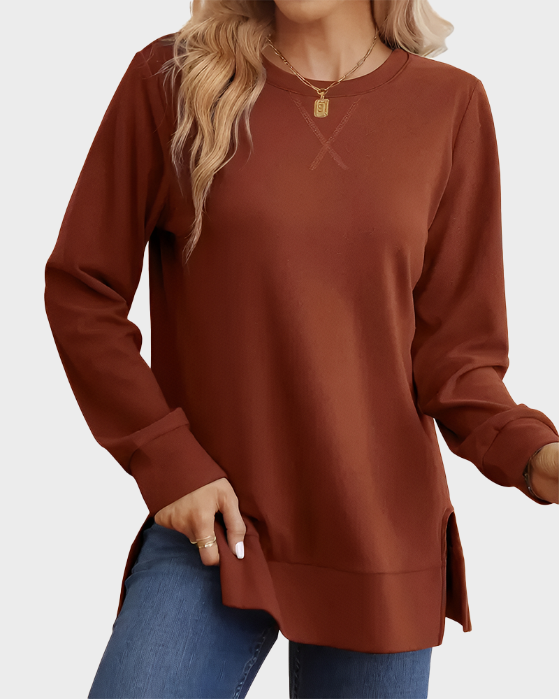 Long Sleeve Crewneck Soft Stretchy Side Split Loose Fit Fall Sweatshirt