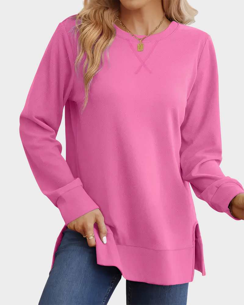 Long Sleeve Crewneck Soft Stretchy Side Split Loose Fit Fall Sweatshirt