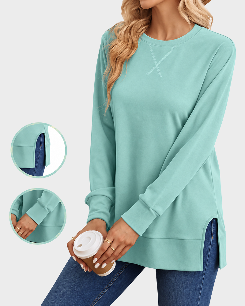 Long Sleeve Crewneck Soft Stretchy Side Split Loose Fit Fall Sweatshirt