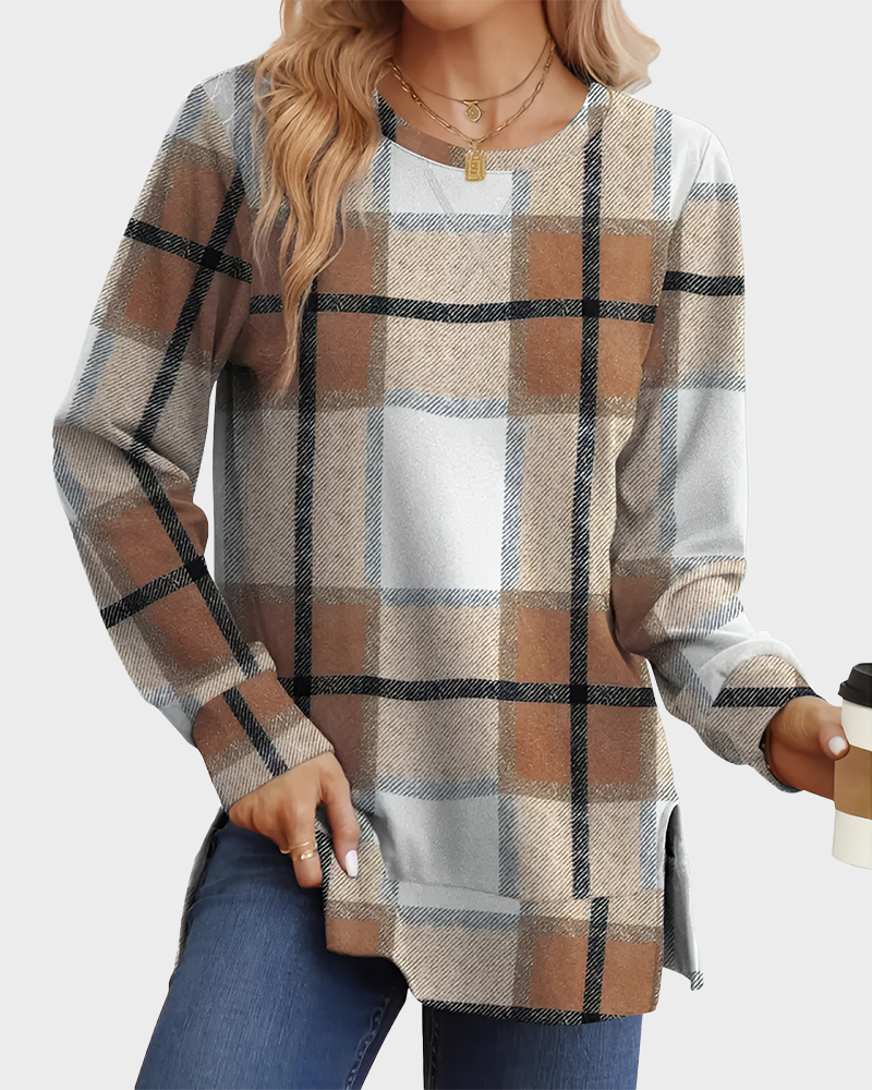 Long Sleeve Crewneck Soft Stretchy Side Split Loose Fit Fall Sweatshirt