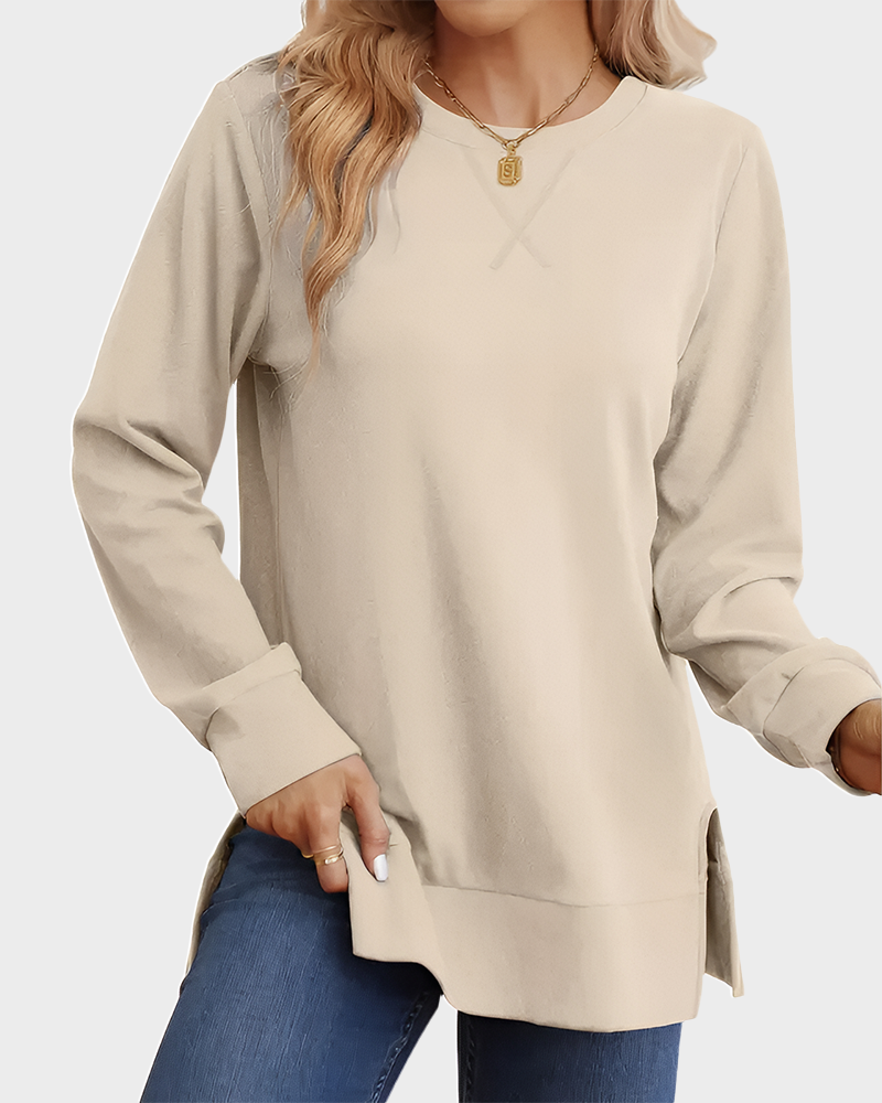 Long Sleeve Crewneck Soft Stretchy Side Split Loose Fit Fall Sweatshirt
