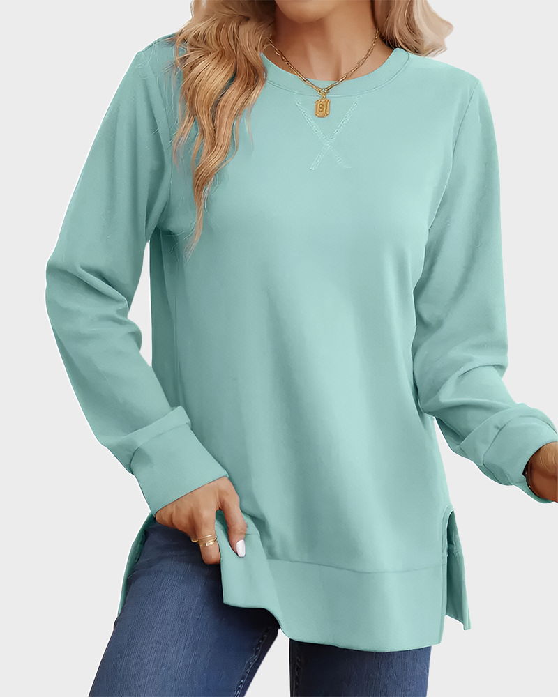 Long Sleeve Crewneck Soft Stretchy Side Split Loose Fit Fall Sweatshirt