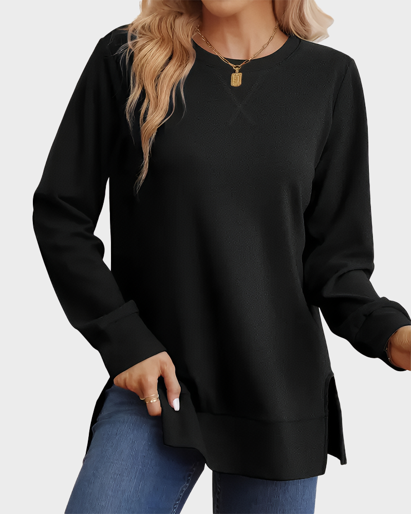 Long Sleeve Crewneck Soft Stretchy Side Split Loose Fit Fall Sweatshirt