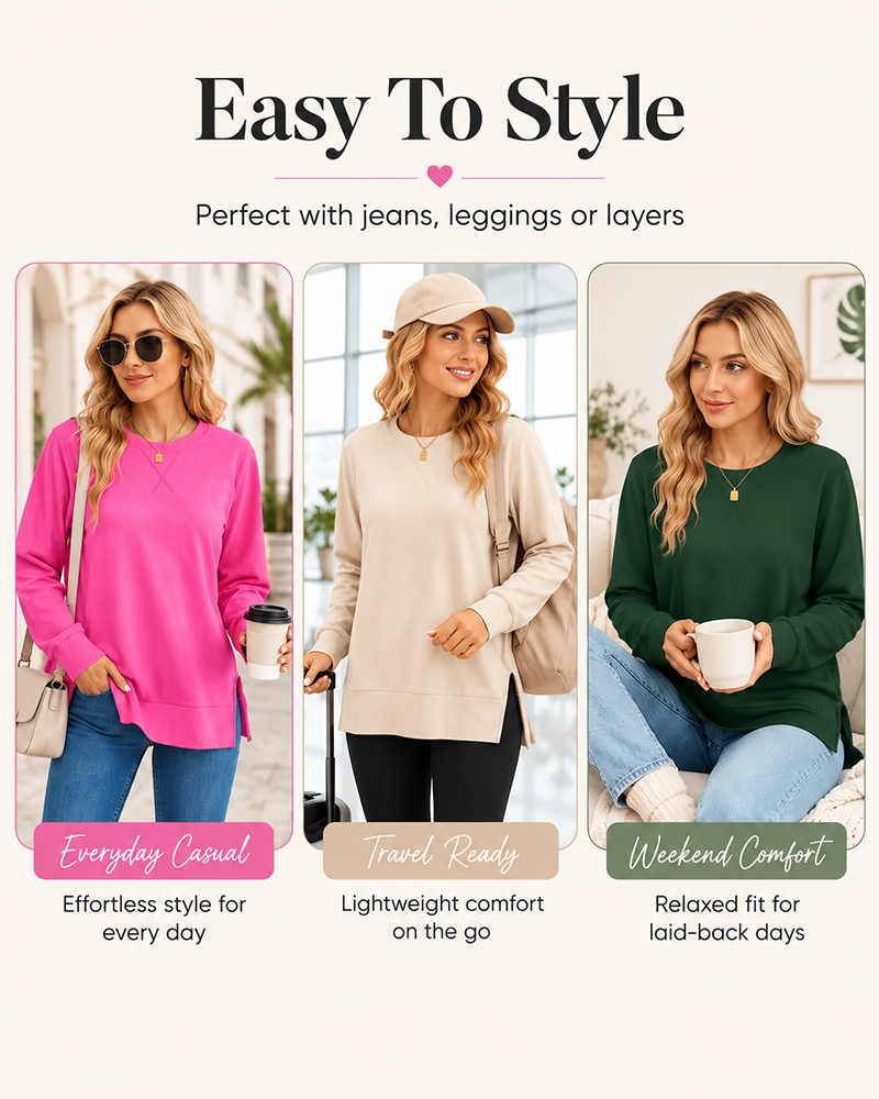 Long Sleeve Crewneck Soft Stretchy Side Split Loose Fit Fall Sweatshirt