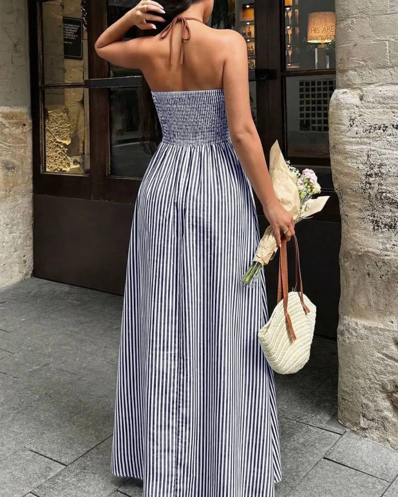 French Stripe Halter Dress Deep V Waist Cinch Color Block Floor Length Beach Dress