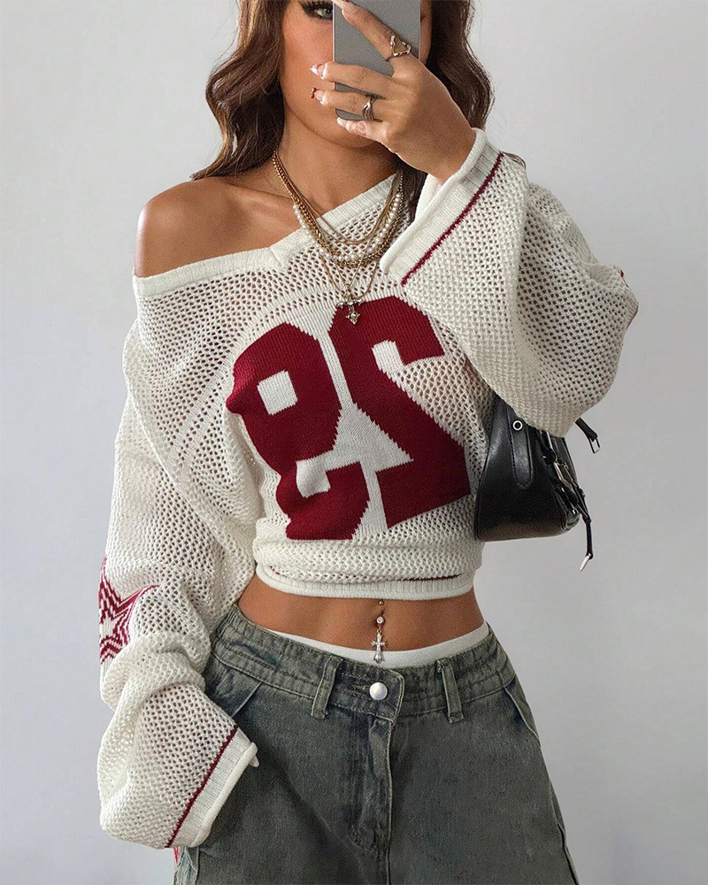 Hollow Football Y2K Long Sleeve Sweater Women's Streetwear Retro Casual Pullover