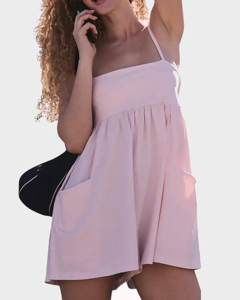 Square Neck Backless Strappy Romper Sleeveless Loose Jumpsuit with Pockets