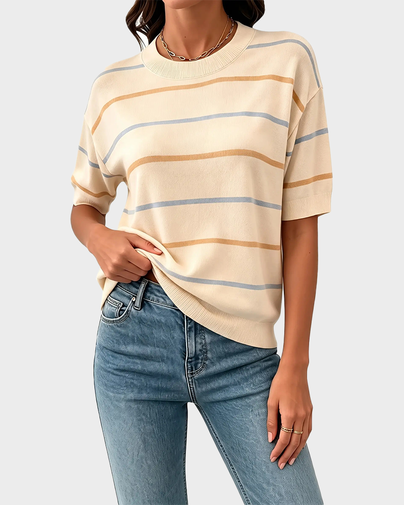 Striped Baggy Pullover Short Sleeve Round Neck Ribbed Cuff Top