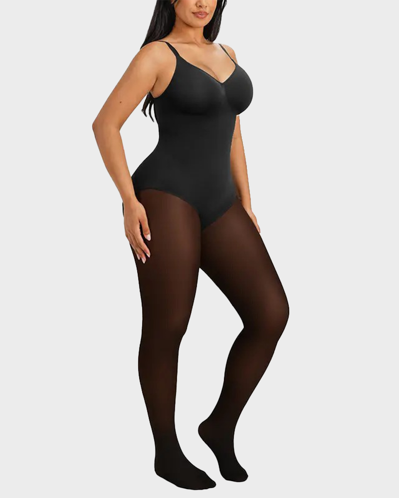 Sheer Panel Fleece Lined Tights Warm Tummy Control Bodysuit