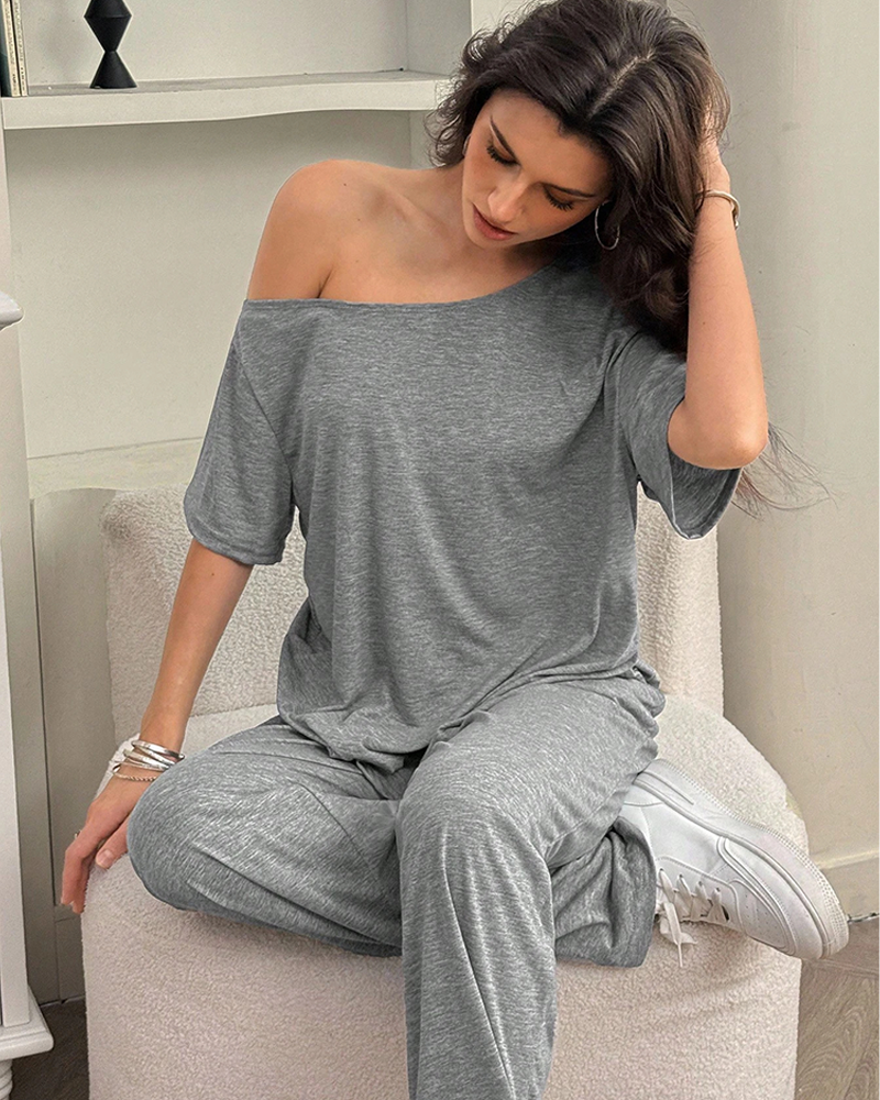 Casual Sporty Off Shoulder Top & Wide Leg Pants Daily Wear 2 Piece Set
