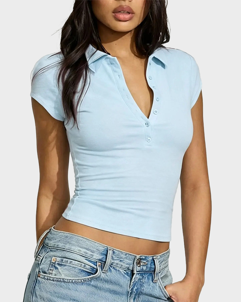 V Neck Short Sleeve Button Front Slim Fit Comfortable Stylish Casual Polo Shirt