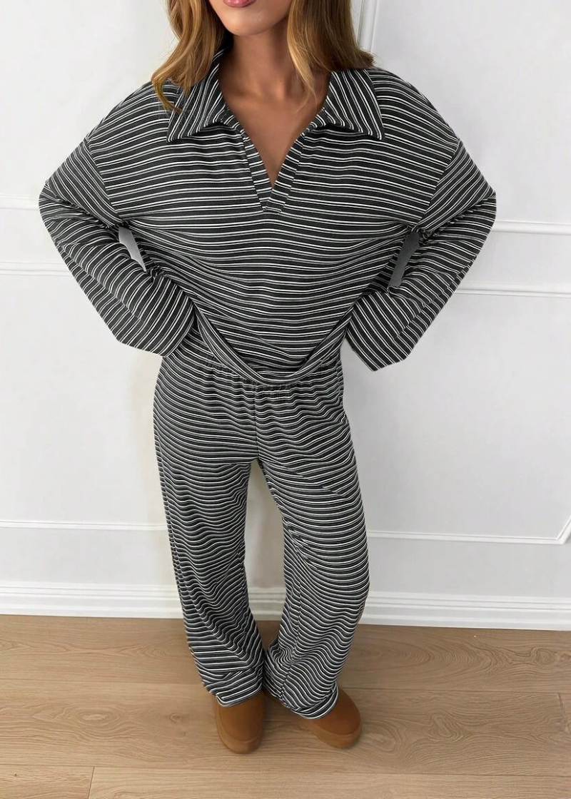 Striped Casual Pajama Set V Neck Drop Shoulder Tee & Elastic Pants Lounge Set