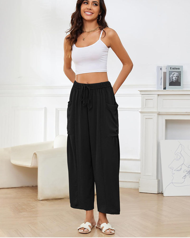 Women's Linen Blend Wide Leg Loose Pants Casual Beach Palazzo Harem Pockets