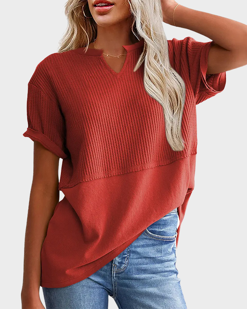 Lightweight Waffle Knit V Neck Short Sleeve Loose Fit Summer Top