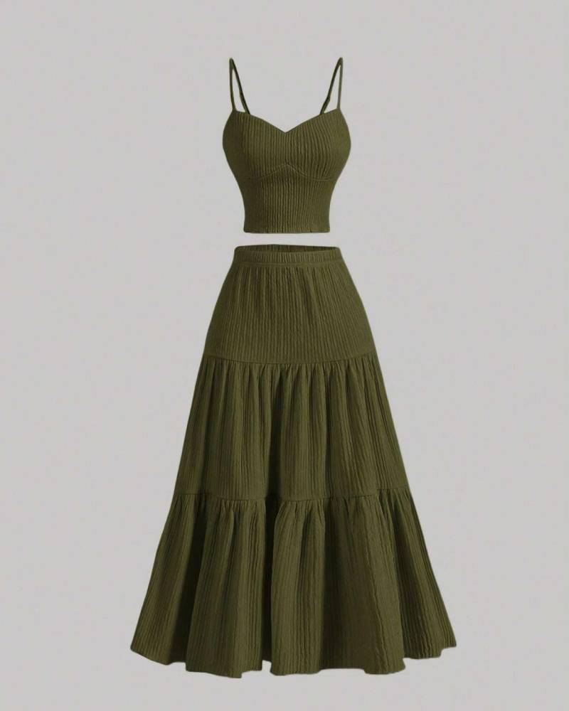 Solid Woven Crop Cami Top & A-line Skirt Two-piece Set