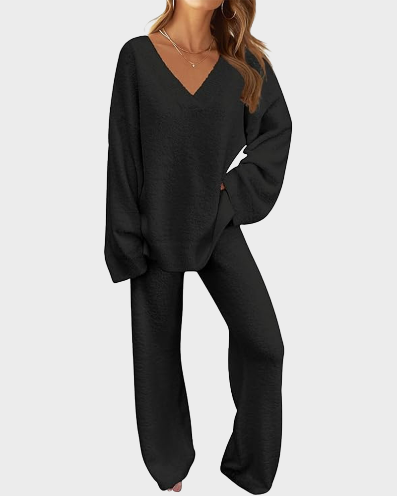 Soft Fuzzy V-Neck Sweater Pajama Set - 2-Piece Loungewear