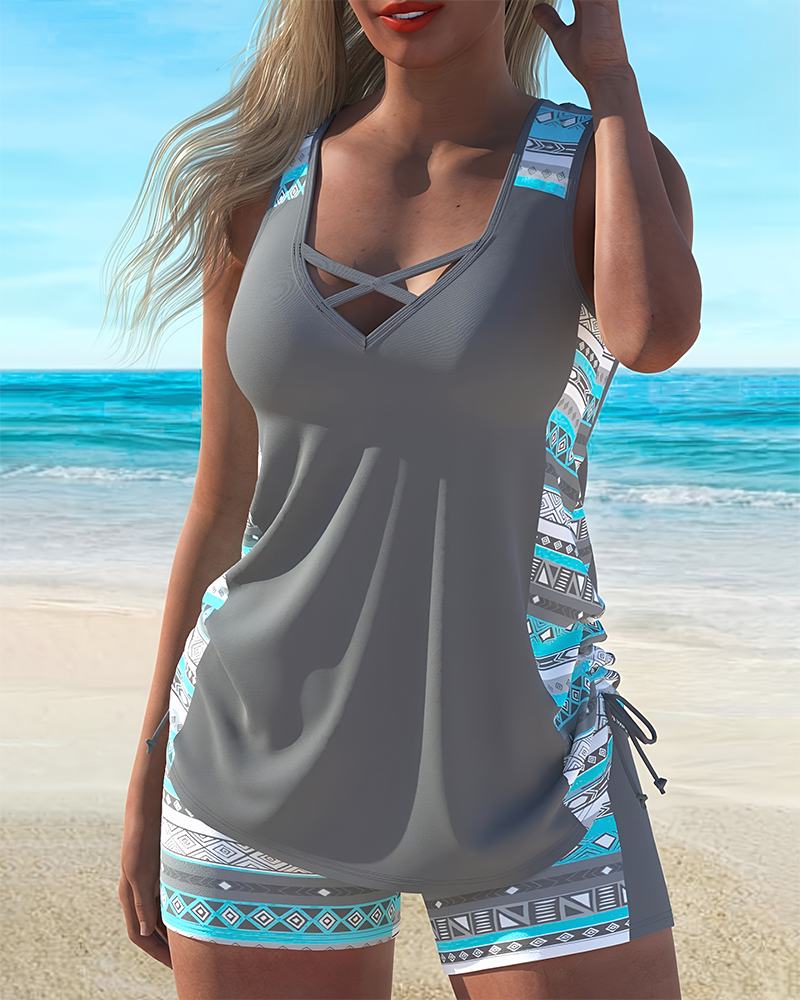 Two Piece Tankini Set Ethnic Floral Print Bohemian Drawstring Swimsuit