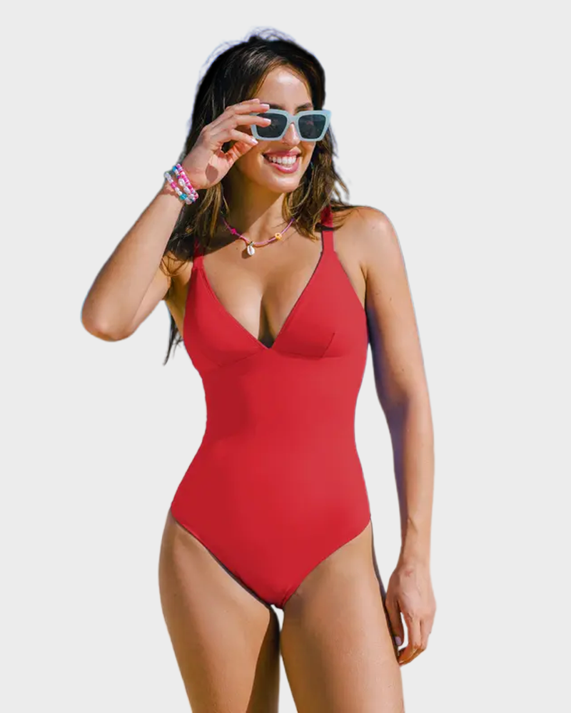 Plunging V Neck Tummy Control One Piece Swimsuit Adjustable Lace Up Back