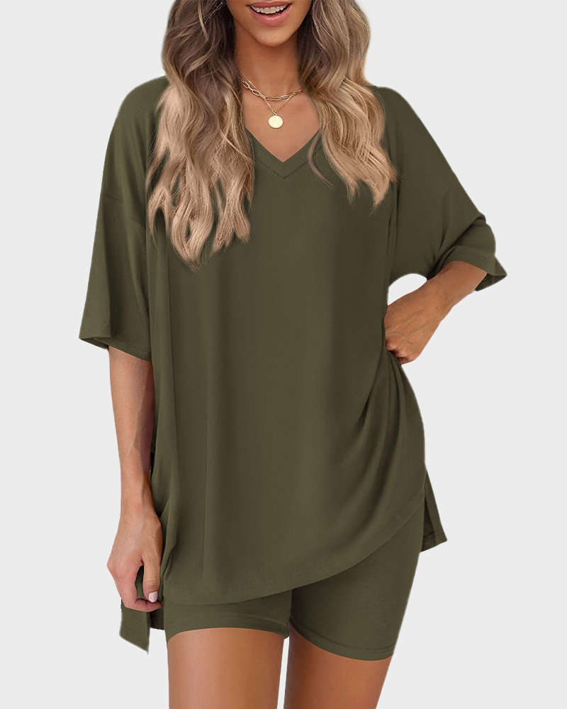 V Neck Oversized Shirt & Biker Shorts 2 Piece Lounge Set