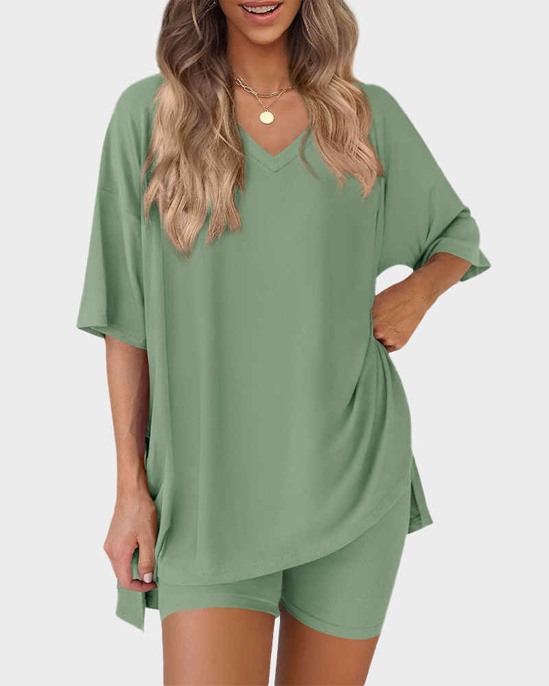V Neck Oversized Shirt & Biker Shorts 2 Piece Lounge Set