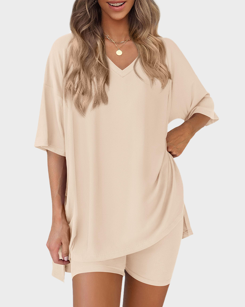 V Neck Oversized Shirt & Biker Shorts 2 Piece Lounge Set