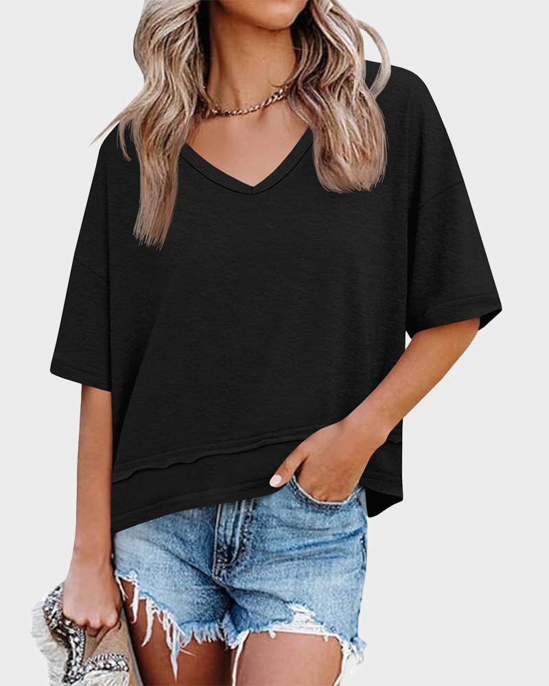 Women's Summer V Neck Short Sleeve Flowy Loose Fit Basic Tee Cute Casual Top