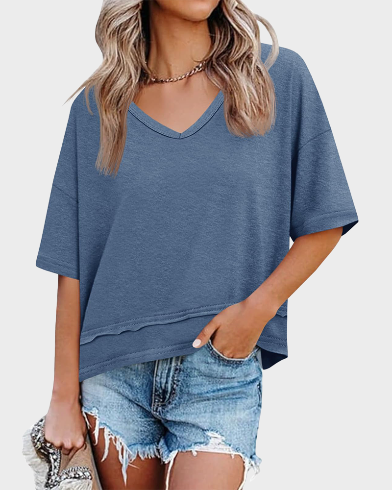 Women's Summer V Neck Short Sleeve Flowy Loose Fit Basic Tee Cute Casual Top