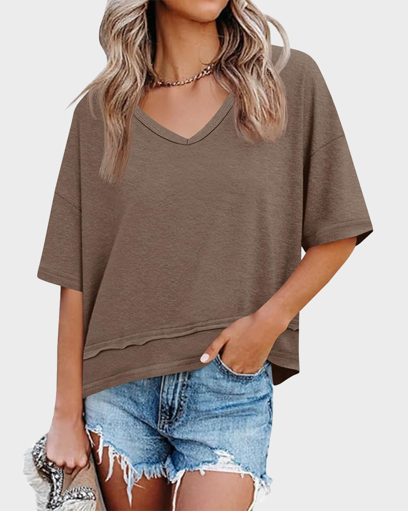 Women's Summer V Neck Short Sleeve Flowy Loose Fit Basic Tee Cute Casual Top