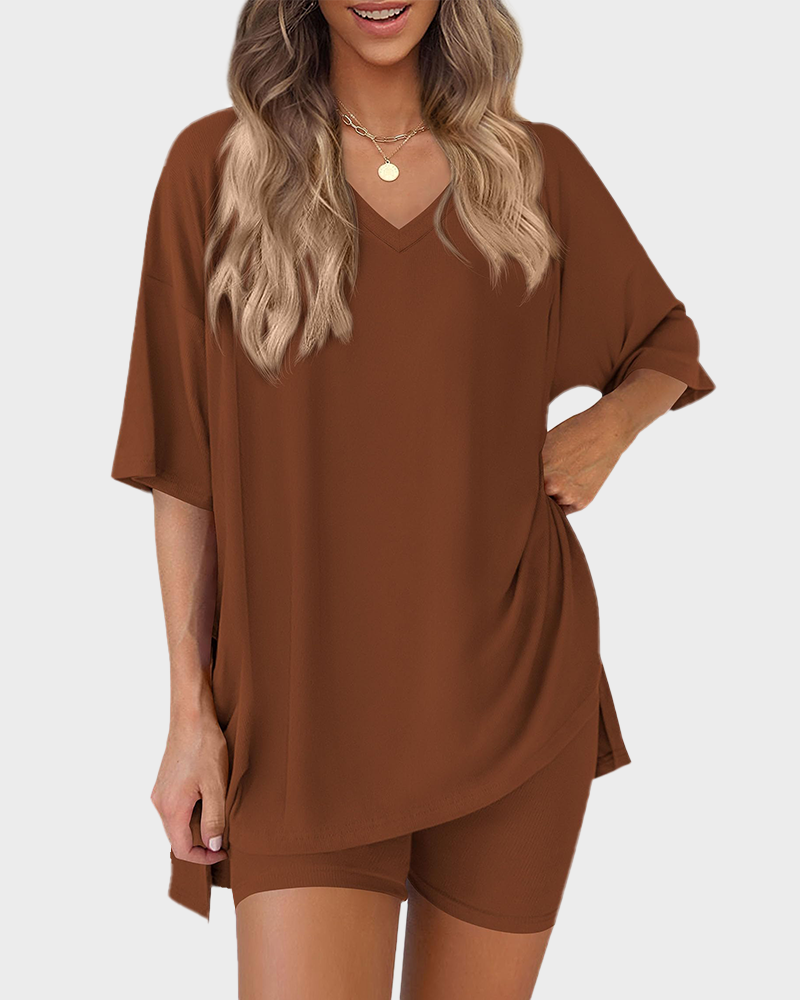 V Neck Oversized Shirt & Biker Shorts 2 Piece Lounge Set