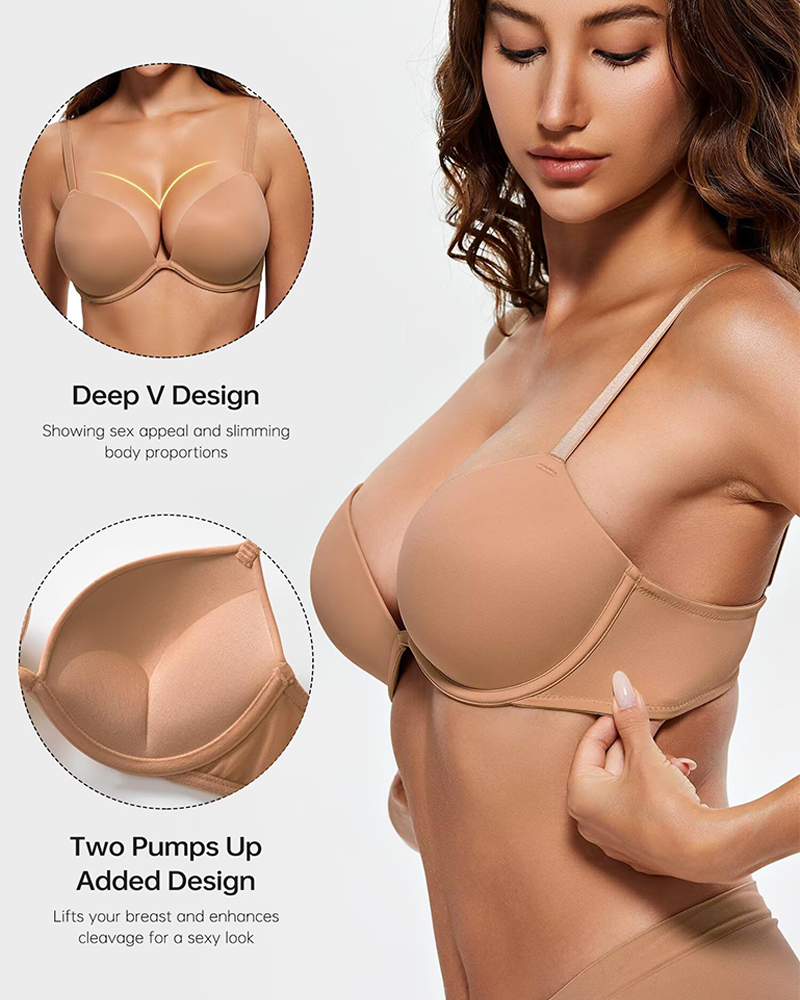 Breathable Mesh Deep V Push Up Padded Low Plunge T Shirt Bra