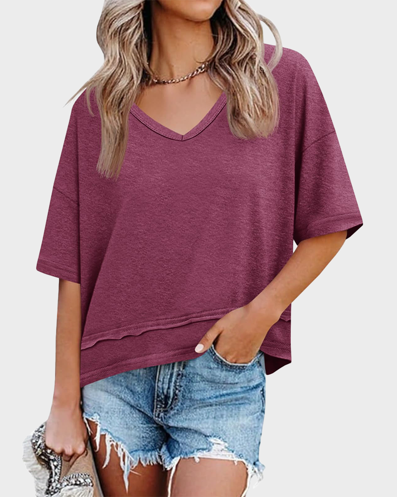 Women's Summer V Neck Short Sleeve Flowy Loose Fit Basic Tee Cute Casual Top