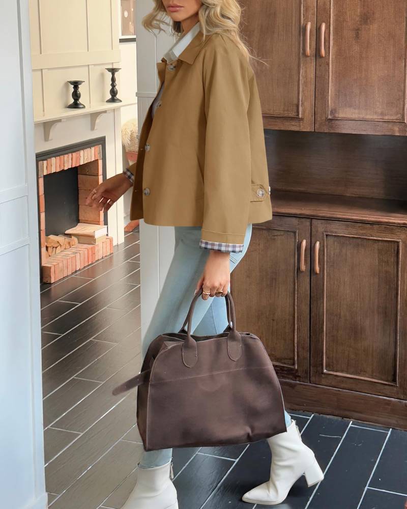 Women's Cropped Trench Coat Style Oversized Checkered Lining Jacket