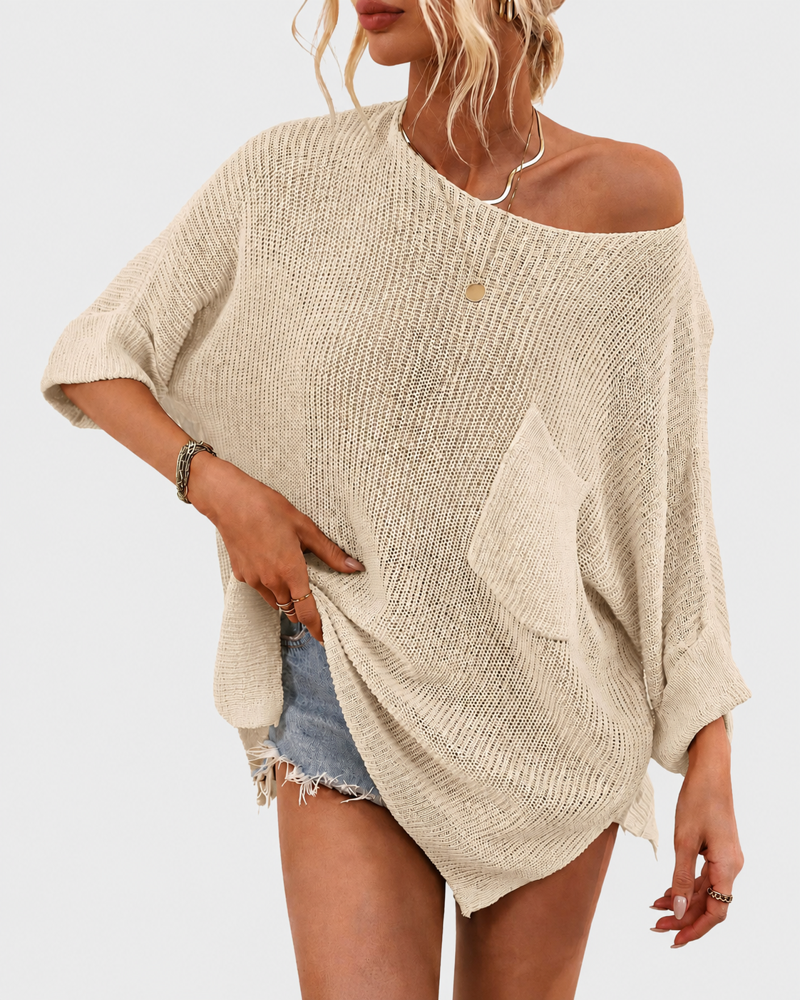 Comfy Oversized Batwing Short Sleeve Knit Crochet Beach Vacation Top