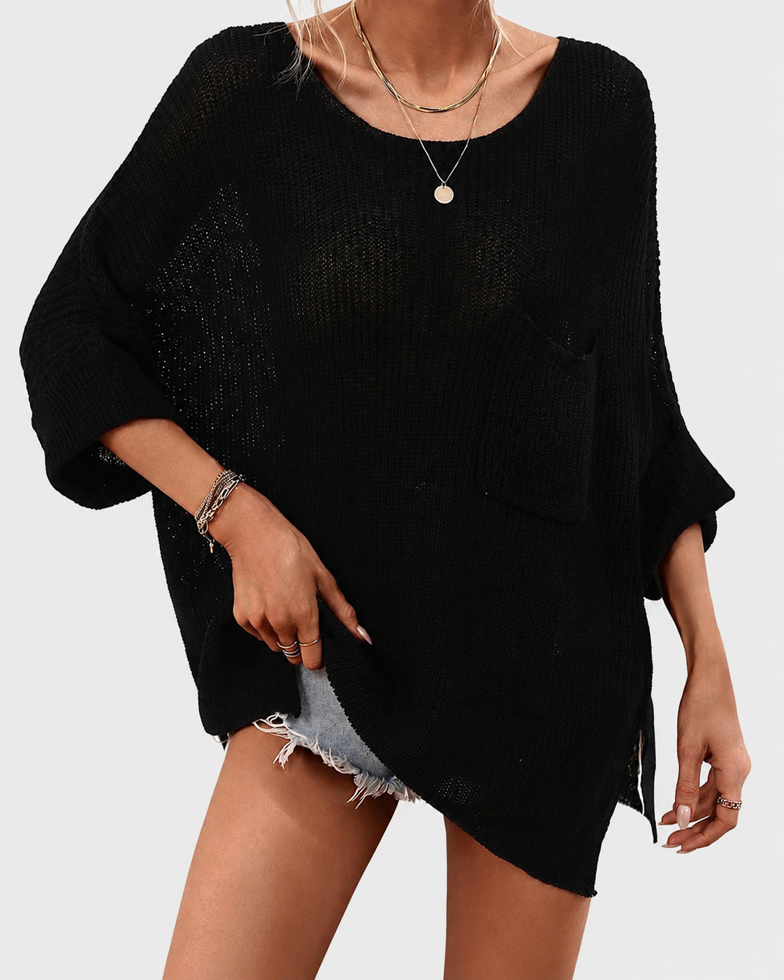 Comfy Oversized Batwing Short Sleeve Knit Crochet Beach Vacation Top