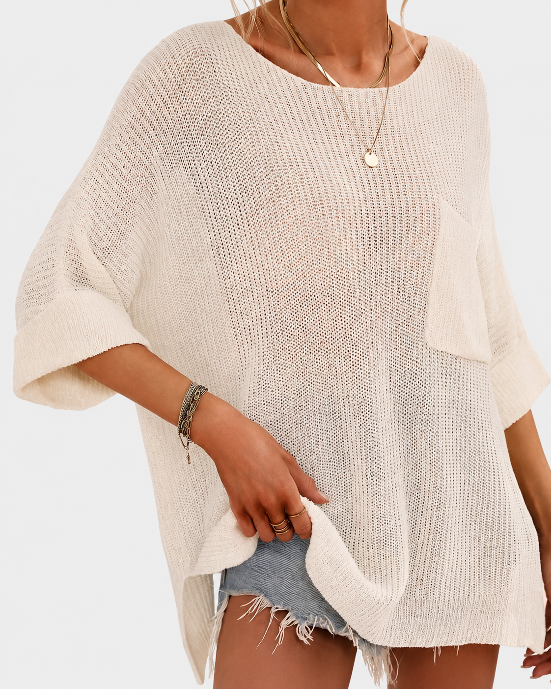 Comfy Oversized Batwing Short Sleeve Knit Crochet Beach Vacation Top