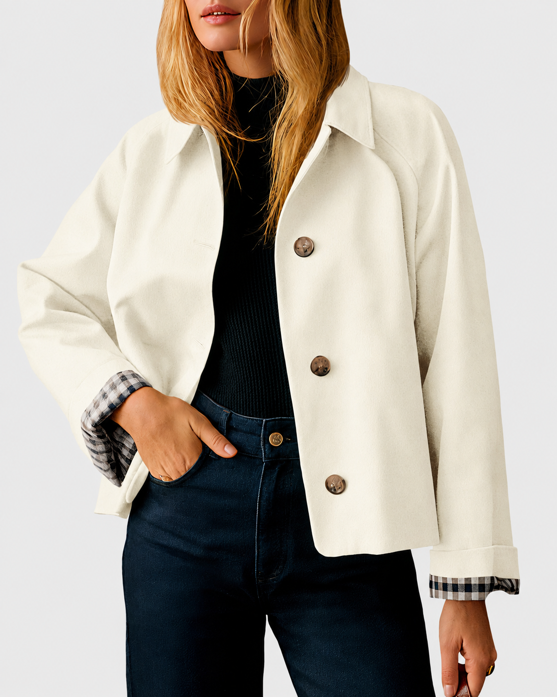 Women's Cropped Trench Coat Style Oversized Checkered Lining Jacket