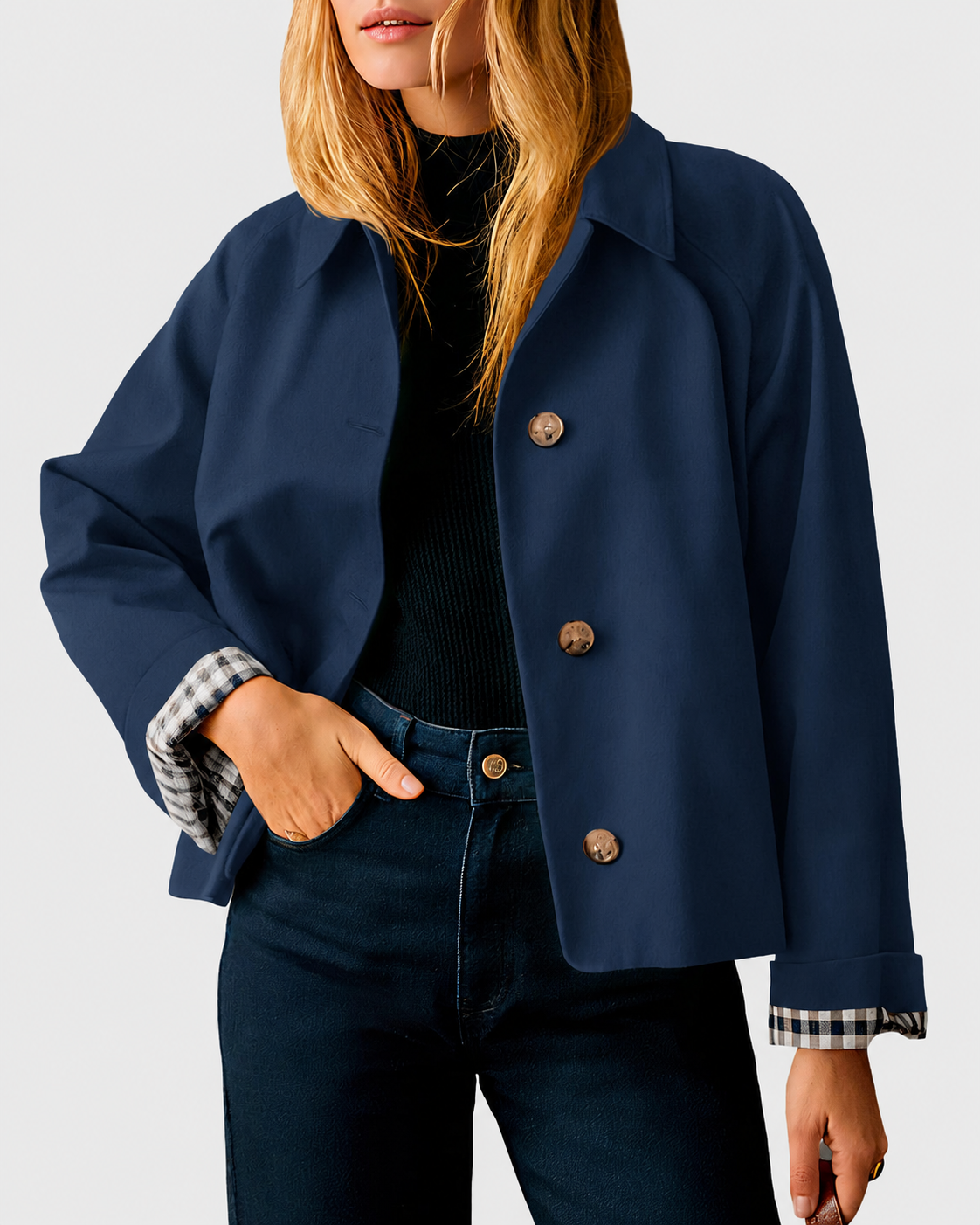 Women's Cropped Trench Coat Style Oversized Checkered Lining Jacket