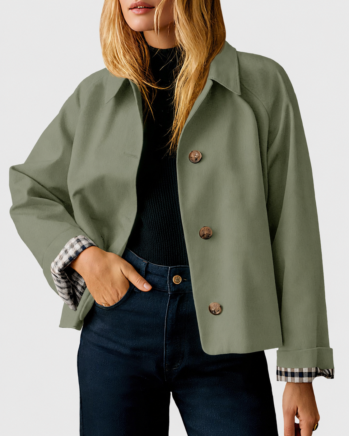 Women's Cropped Trench Coat Style Oversized Checkered Lining Jacket