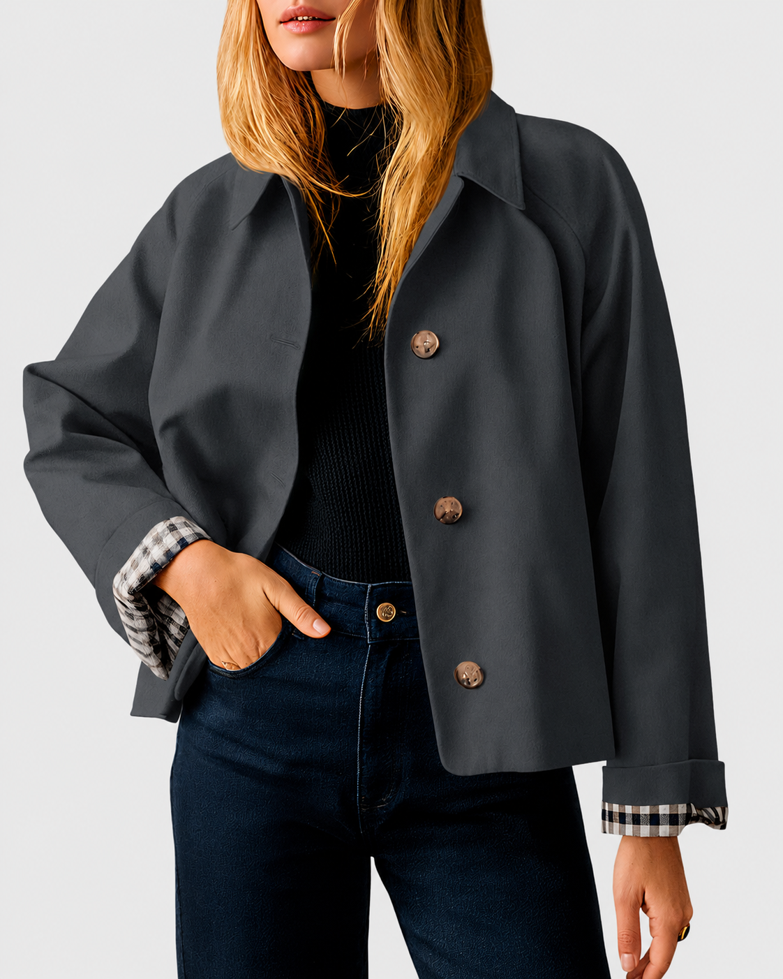 Women's Cropped Trench Coat Style Oversized Checkered Lining Jacket