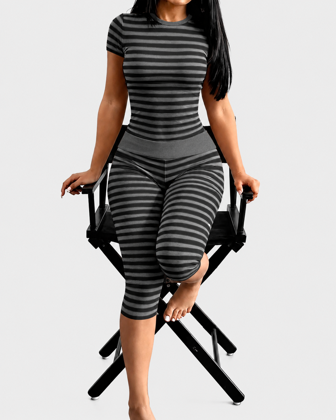 Striped Crew Neck High Waist Stretch Fitted Crop Top & Capri Leggings Lounge Set