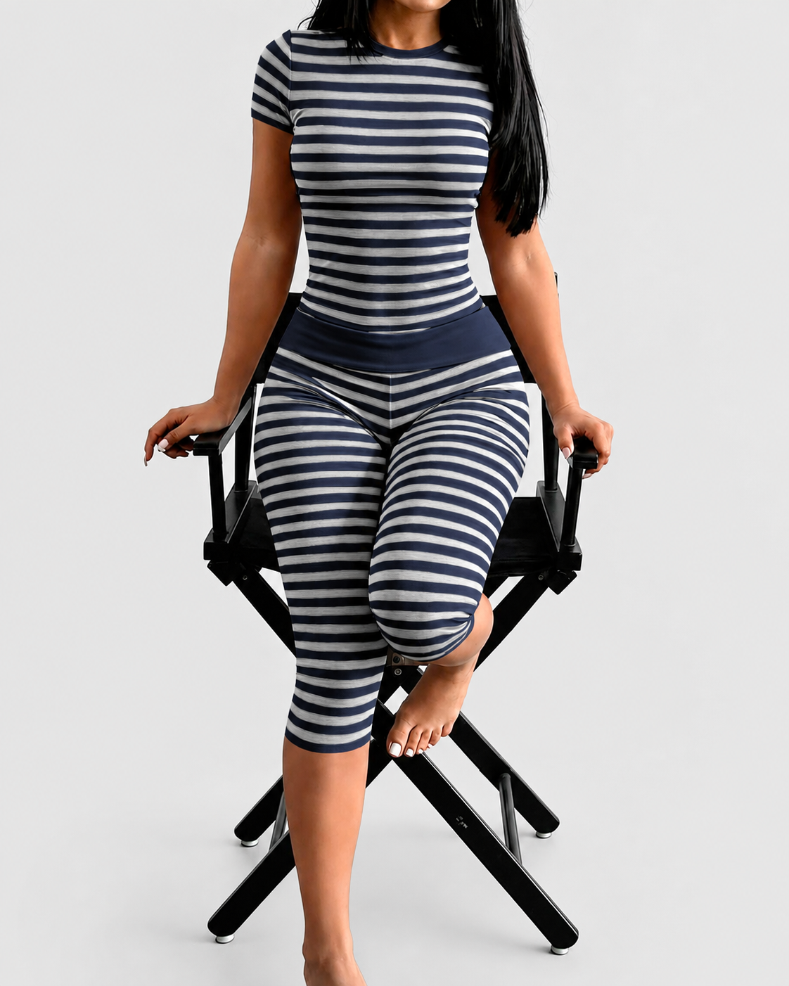 Striped Crew Neck High Waist Stretch Fitted Crop Top & Capri Leggings Lounge Set