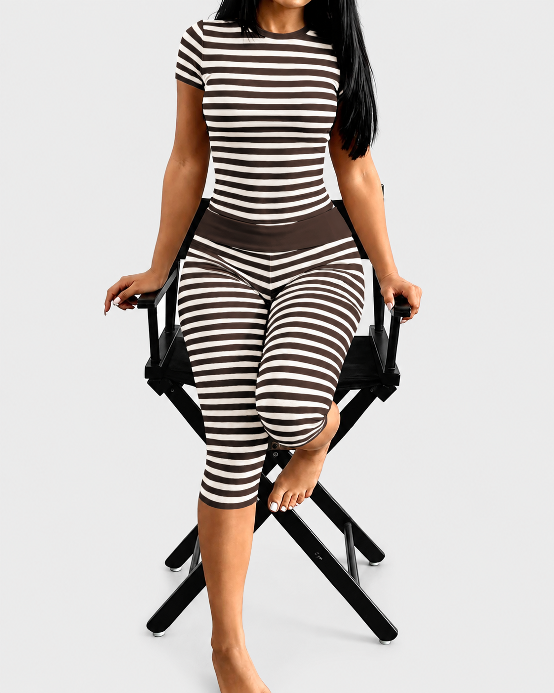 Striped Crew Neck High Waist Stretch Fitted Crop Top & Capri Leggings Lounge Set