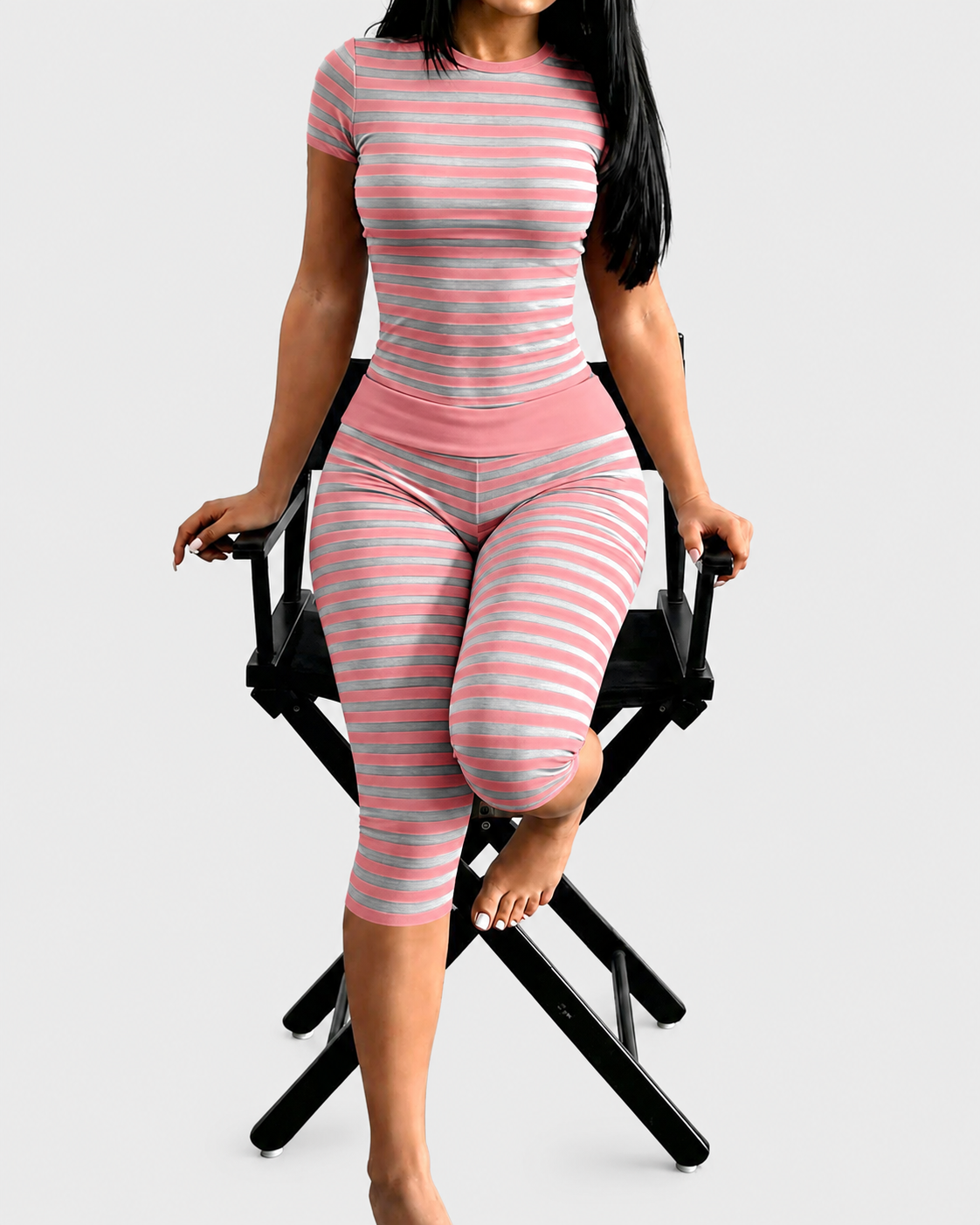 Striped Crew Neck High Waist Stretch Fitted Crop Top & Capri Leggings Lounge Set