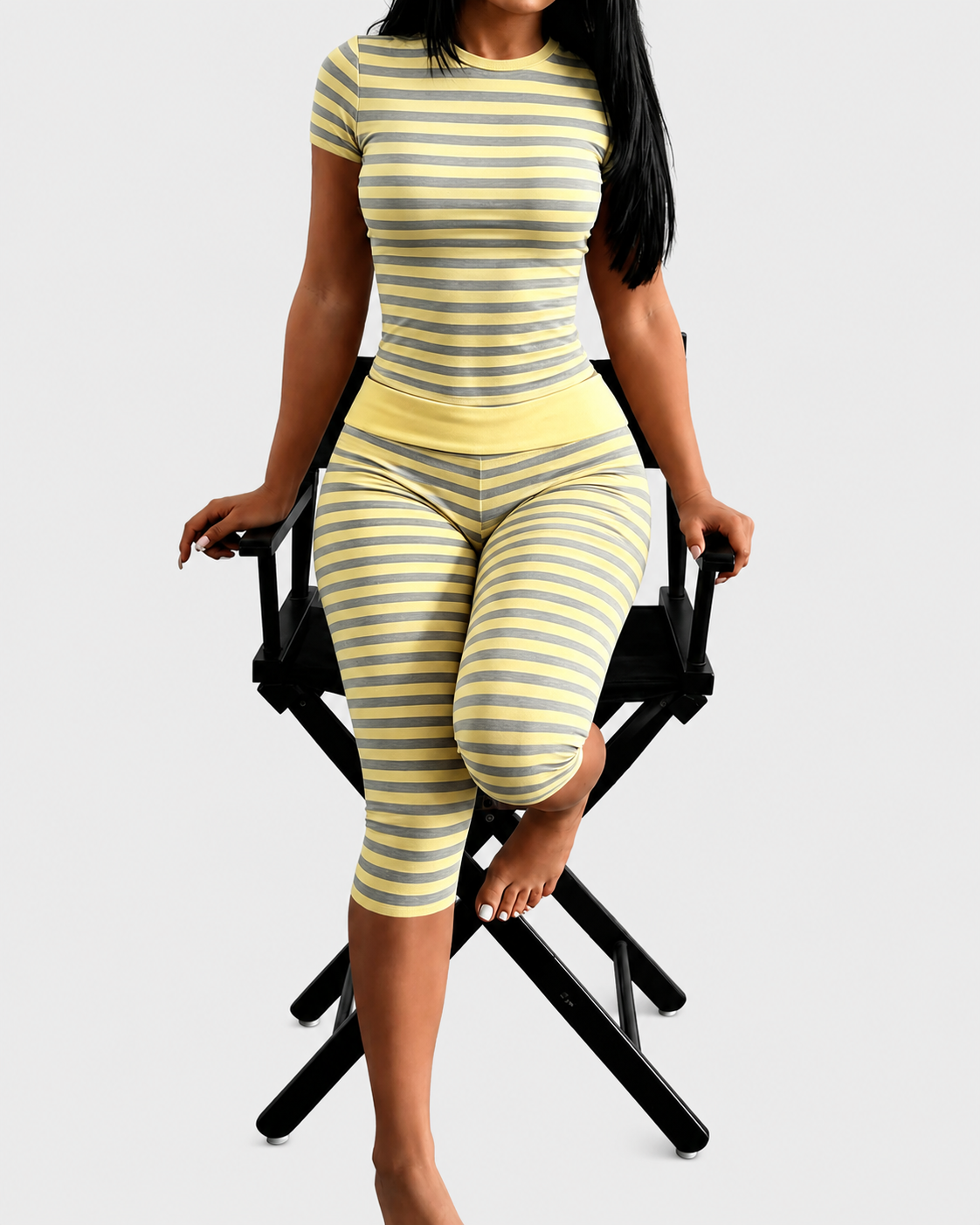 Striped Crew Neck High Waist Stretch Fitted Crop Top & Capri Leggings Lounge Set